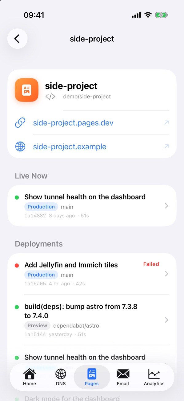 A project's deployments, including a failed build